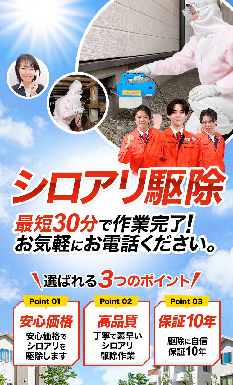 シロアリ駆除 最短30分で作業完了！お気軽にお電話ください。